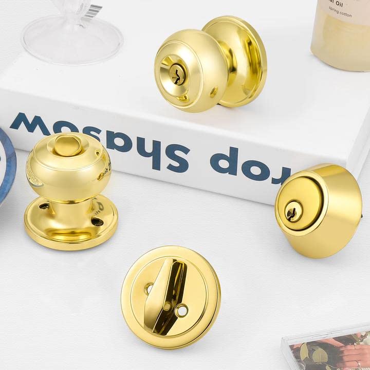 Probrico Polished Brass Entry Door Knob Lock Set and Single Cylinder Deadbolt Combination Set, Keyed Alike, 3 Pack - Image 2